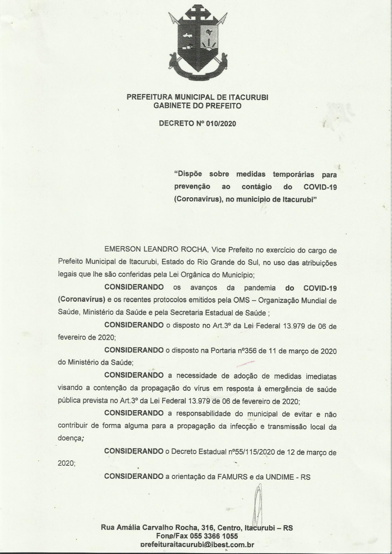 Decreto 010/2020  Prevenção ao contágio do COVID-19 (coronavírus)